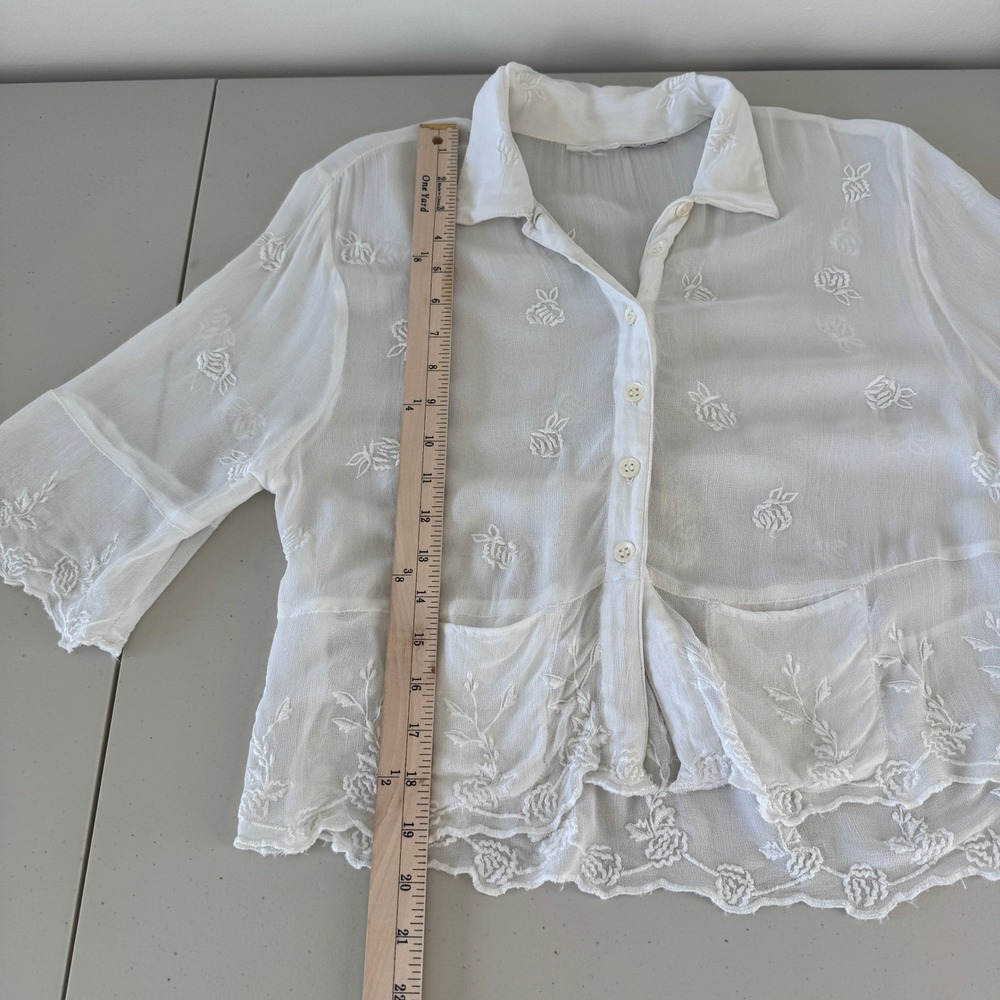 Sheer Floral Embroidered Top XS Ivory Cottagecore Coquette Boho Dainty Layering - Picture 10 of 12